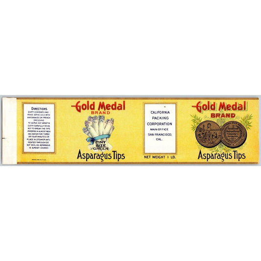 Gold Medal Asparagus Tips Paper Can Label Gold Ink c1915-20's Scarce