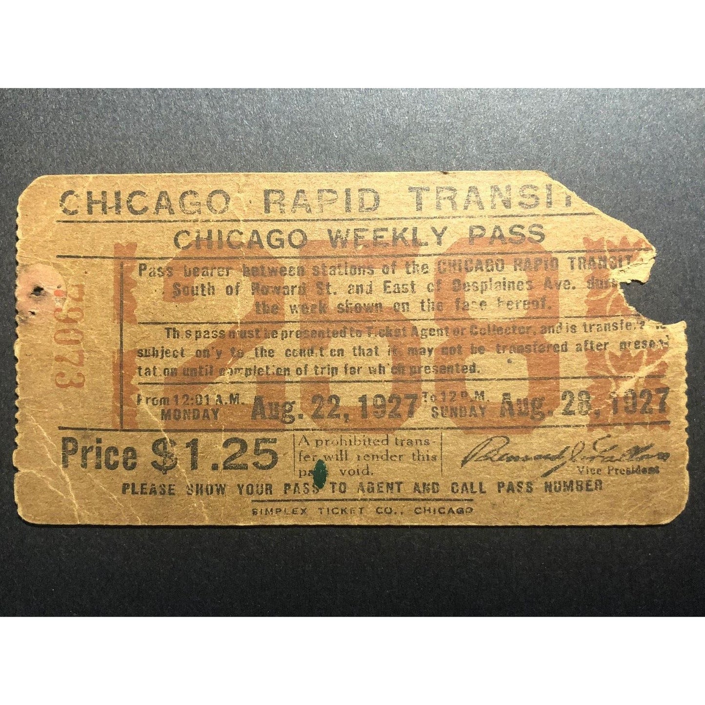 Chicago Rapid Transit Weekly Pass August 1927 "258"