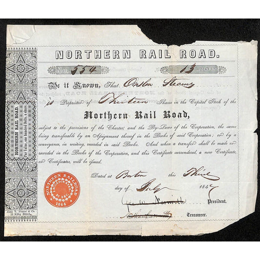 1847 Boston, MA Northern Railroad Stock Certificate No. 554 for 13 Shares