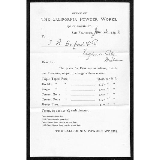 1893 "California Powder Works" Price Sheet S.R. Buford Virginia City, MT Scarce