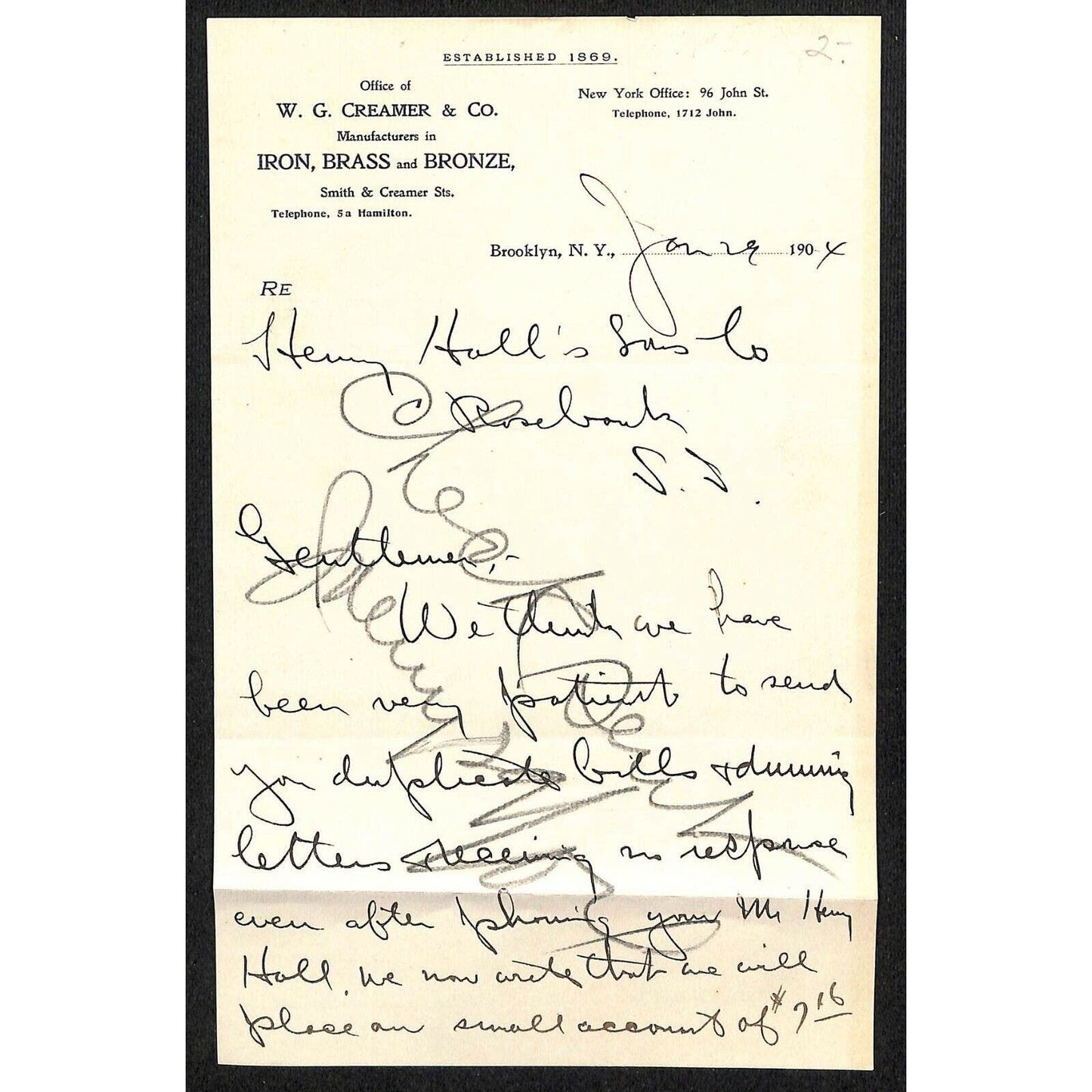1904 Brooklyn, NY Billhead Letterhead W.G. Creamer & Co. Iron Brass Bronze