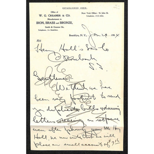 1904 Brooklyn, NY Billhead Letterhead W.G. Creamer & Co. Iron Brass Bronze