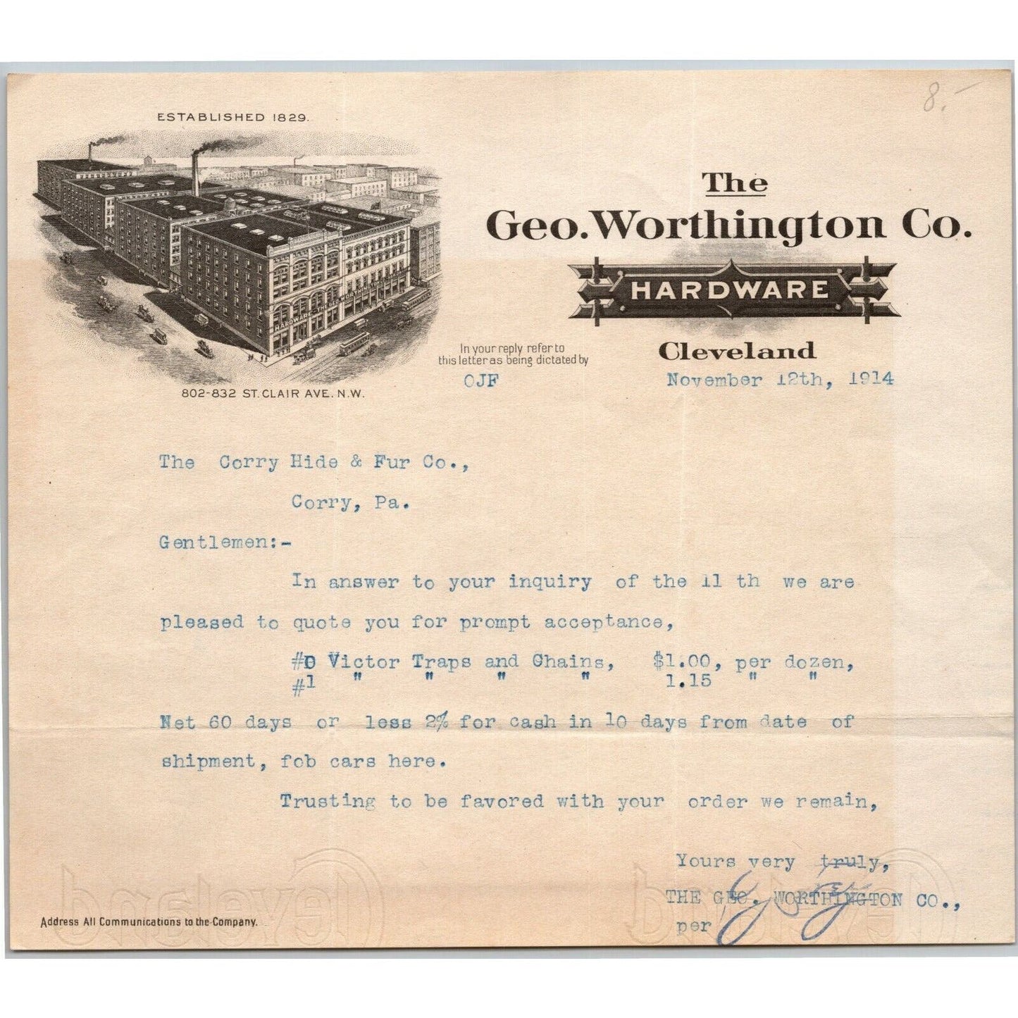 Geo. Worthington Co. 1914 Letterhead Cleveland Hardware to: Corry Hide & Fur PA