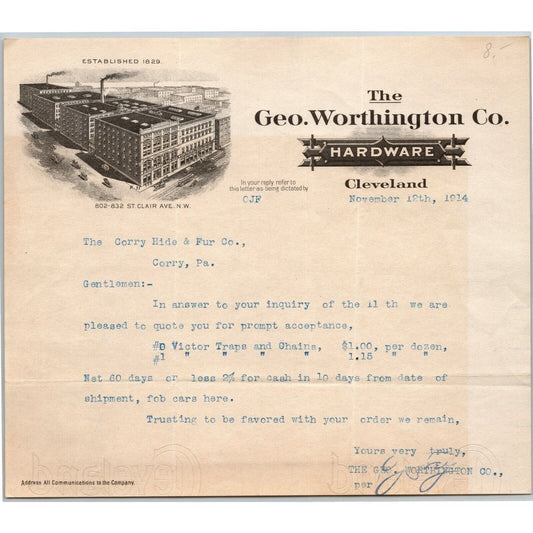 Geo. Worthington Co. 1914 Letterhead Cleveland Hardware to: Corry Hide & Fur PA