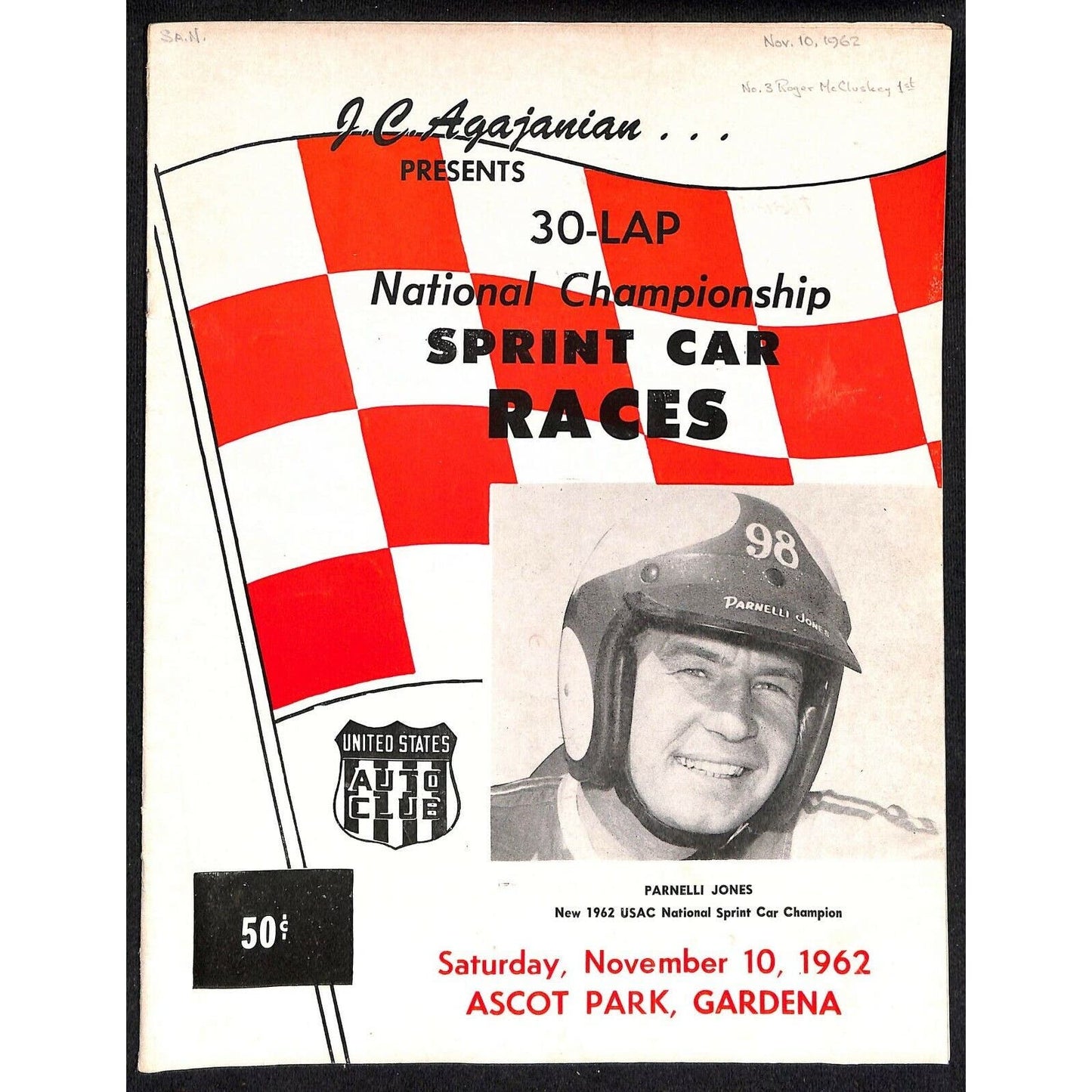 Scarce 11/10 1962 Auto Racing USAC Program Ascot Gardena, CA 16pp Parnelli Jones
