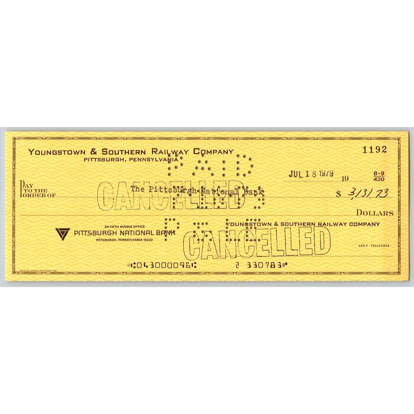 Youngstown & Southern Railway Company Railroad 1979 Bank Check VGC