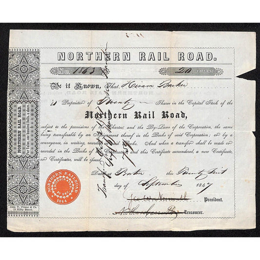 1847 Boston, MA Northern Railroad Stock Certificate No. 1863 for 20 Shares