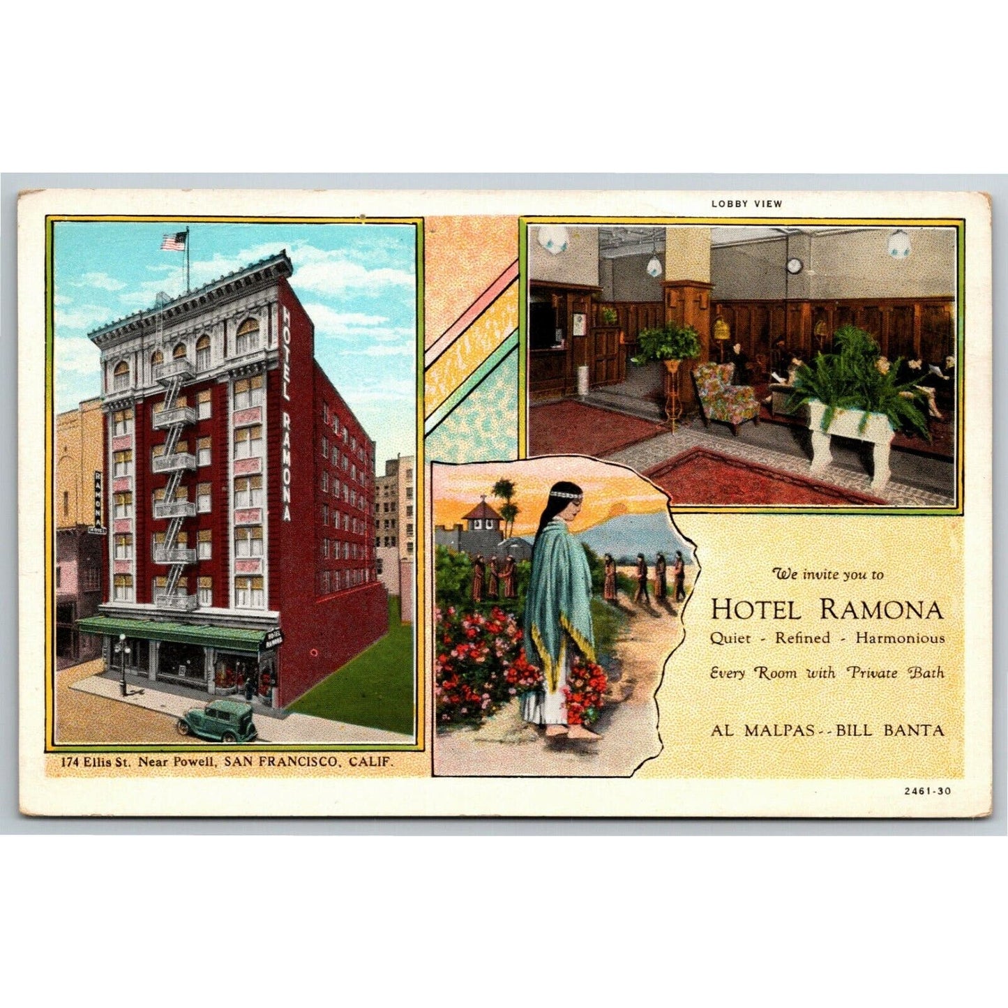 Scarce Vintage Postcard Ramona Hotel Ellis St. San Francisco c1930's