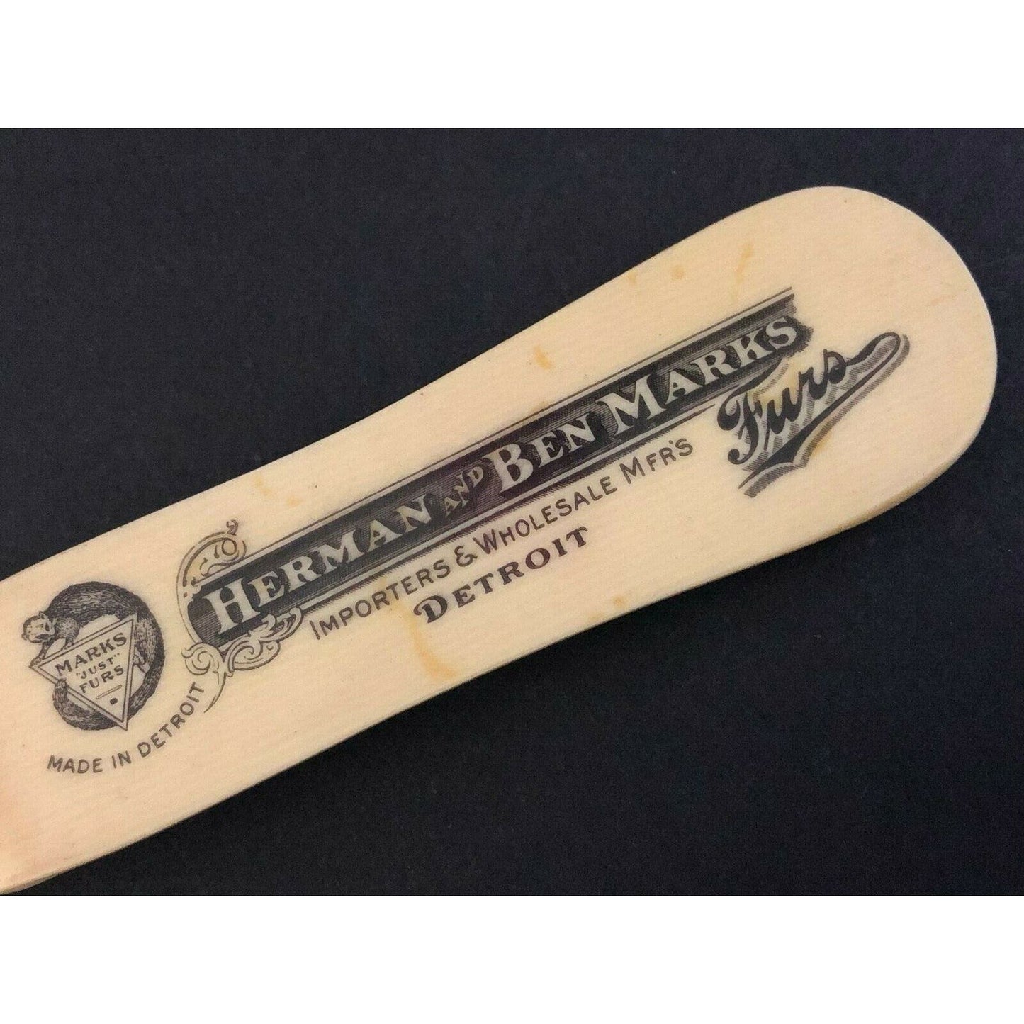 c1920's-30's "Herman & Ben Marks" Furs Detroit Celluloid Adv. Letter Opener