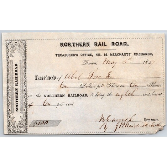 1847 Boston, MA Northern Railroad Treasurer Stock Receipt 10 @$10ea "Abel Low"