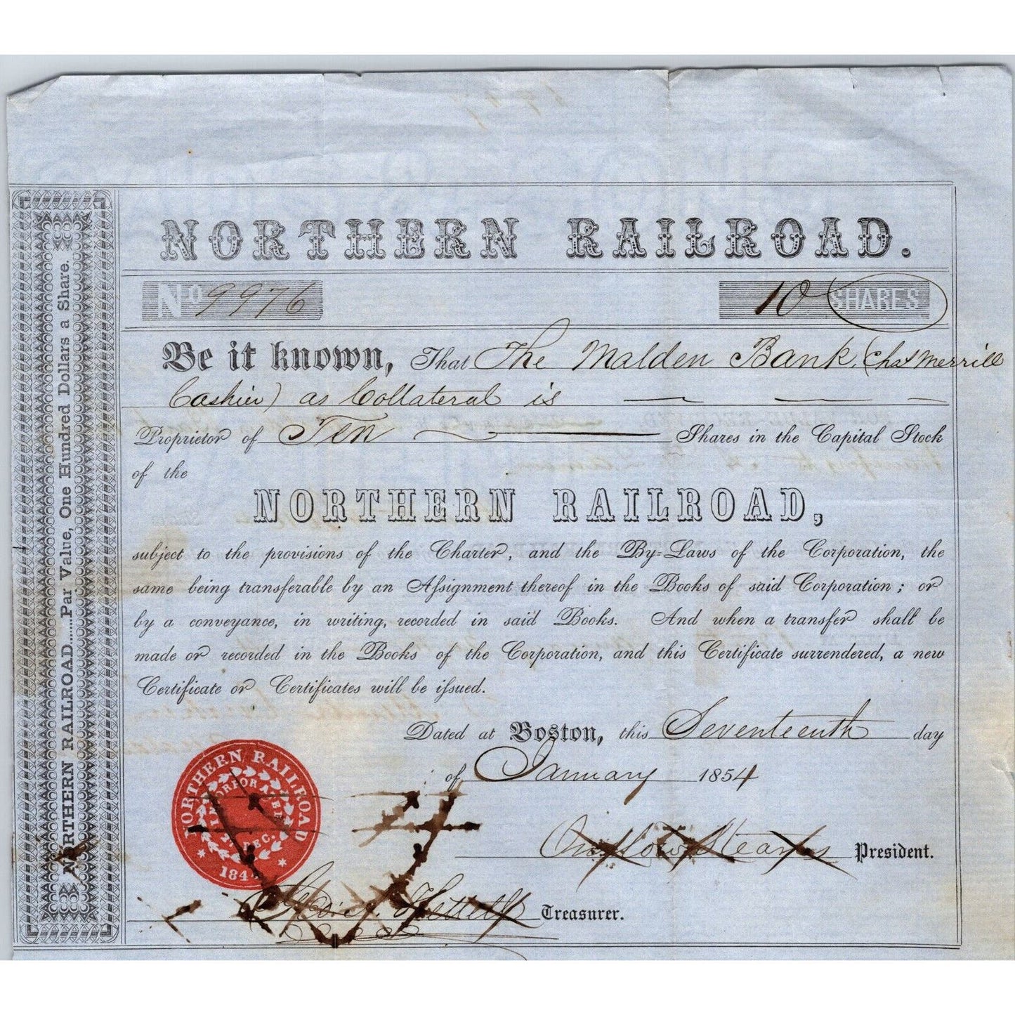 1854 Boston, MA Northern Railroad Stock Certificate No. 9976 for 10 Shares
