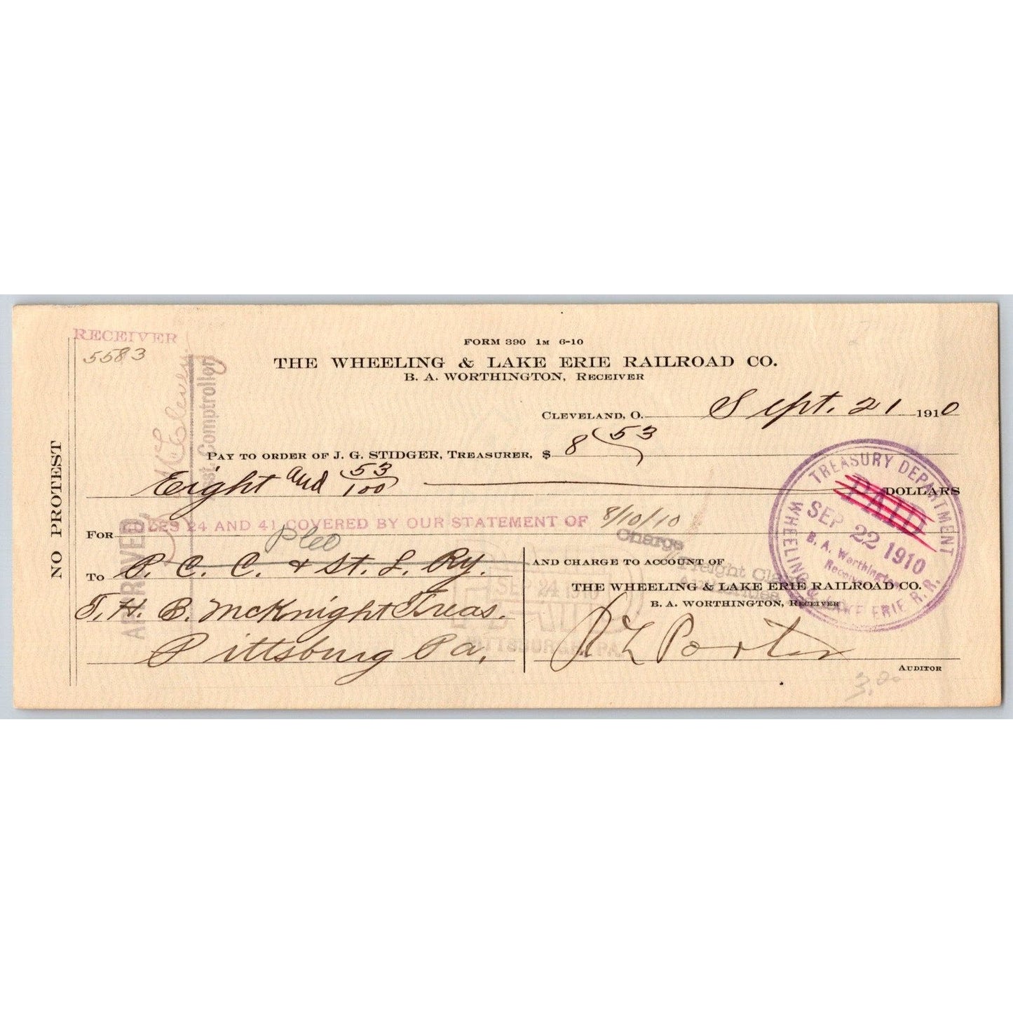 Wheeling & Lake Erie Railroad 1910 Cleveland, OH Bank Check