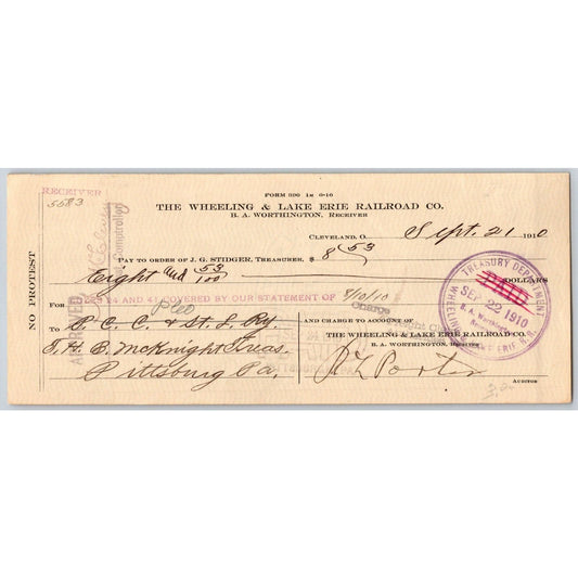 Wheeling & Lake Erie Railroad 1910 Cleveland, OH Bank Check