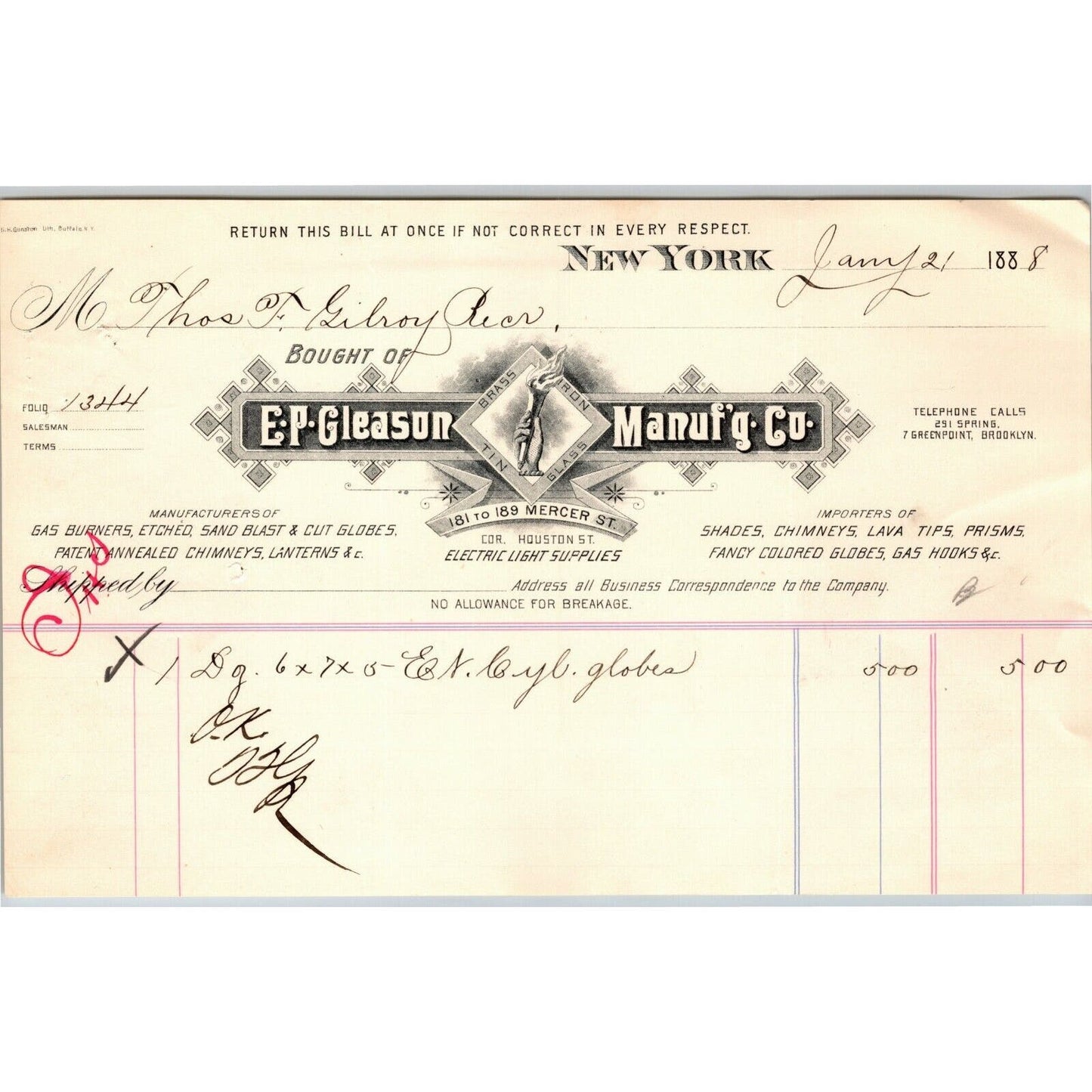 1888 E. P. Gleason Chimneys Lanterns Billhead Letterhead Mercer St. NYC