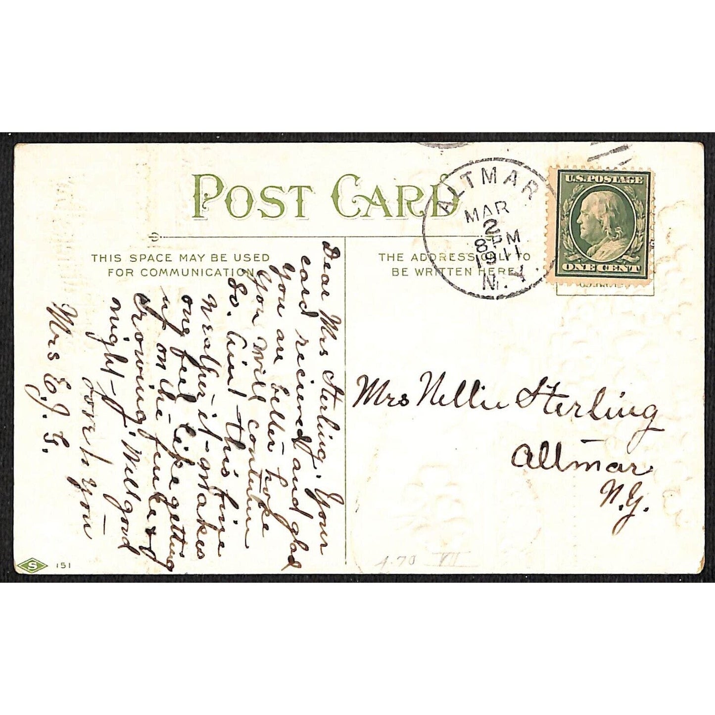 St. Patrick's Day Postcard Fingal's Cave Shillelagh Hat Embossed Gilt PM 1911