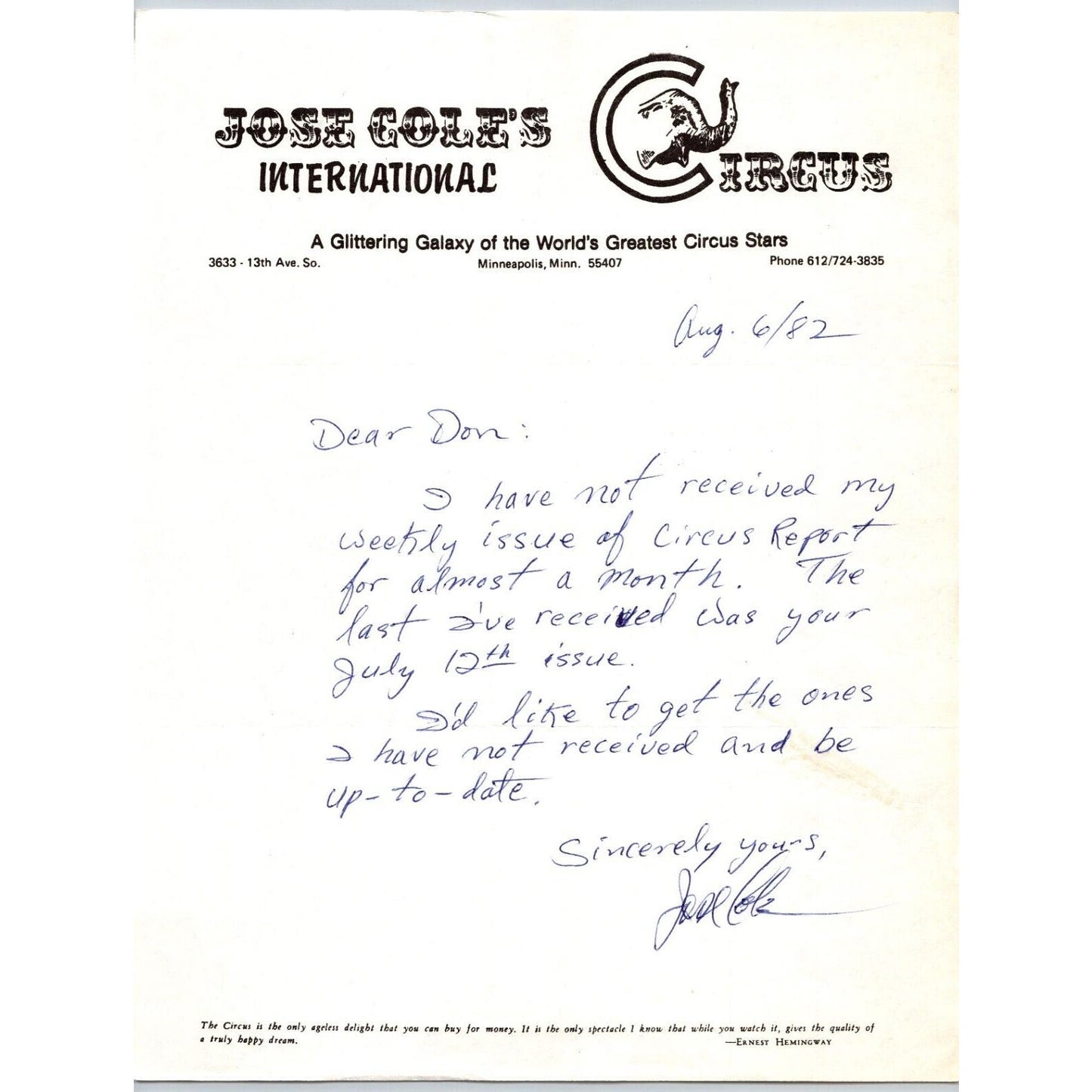 Jose Cole's International Circus Letterhead Minneapolis 1982 Signed Scarce