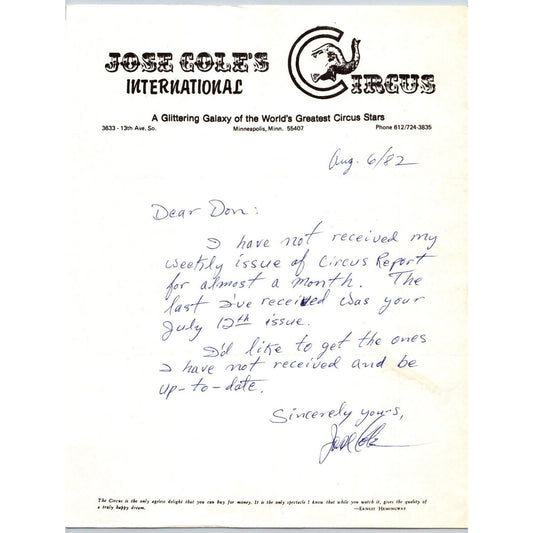 Jose Cole's International Circus Letterhead Minneapolis 1982 Signed Scarce
