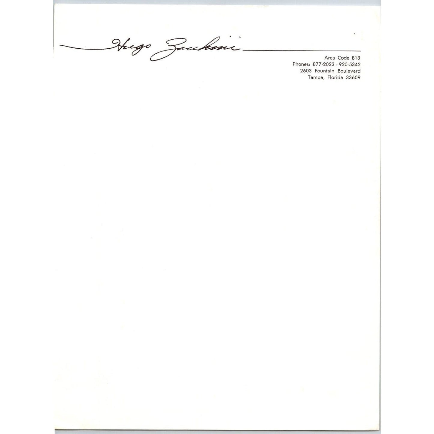Hugo Zacchini Human Cannonball Circus Letterhead Tampa, FL c1965-75 Scarce
