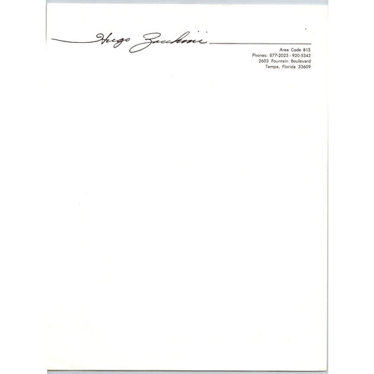Hugo Zacchini Human Cannonball Circus Letterhead Tampa, FL c1965-75 Scarce