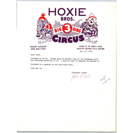 Hoxie Bros Big 3 Ring Circus Letterhead 1973 Elephant Clown Scarce