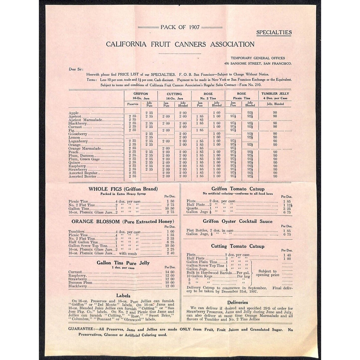 1907 California Fruit Canners Association San Francisco Price List Sales Sheet