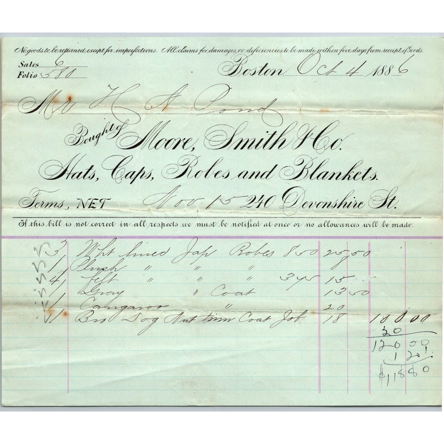 Boston, MA Moore, Smith & Co. Hats Caps Robes Blankets 1886 Billhead