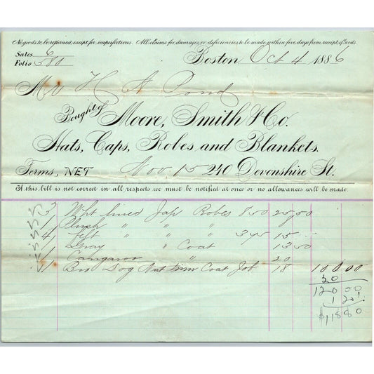 Boston, MA Moore, Smith & Co. Hats Caps Robes Blankets 1886 Billhead