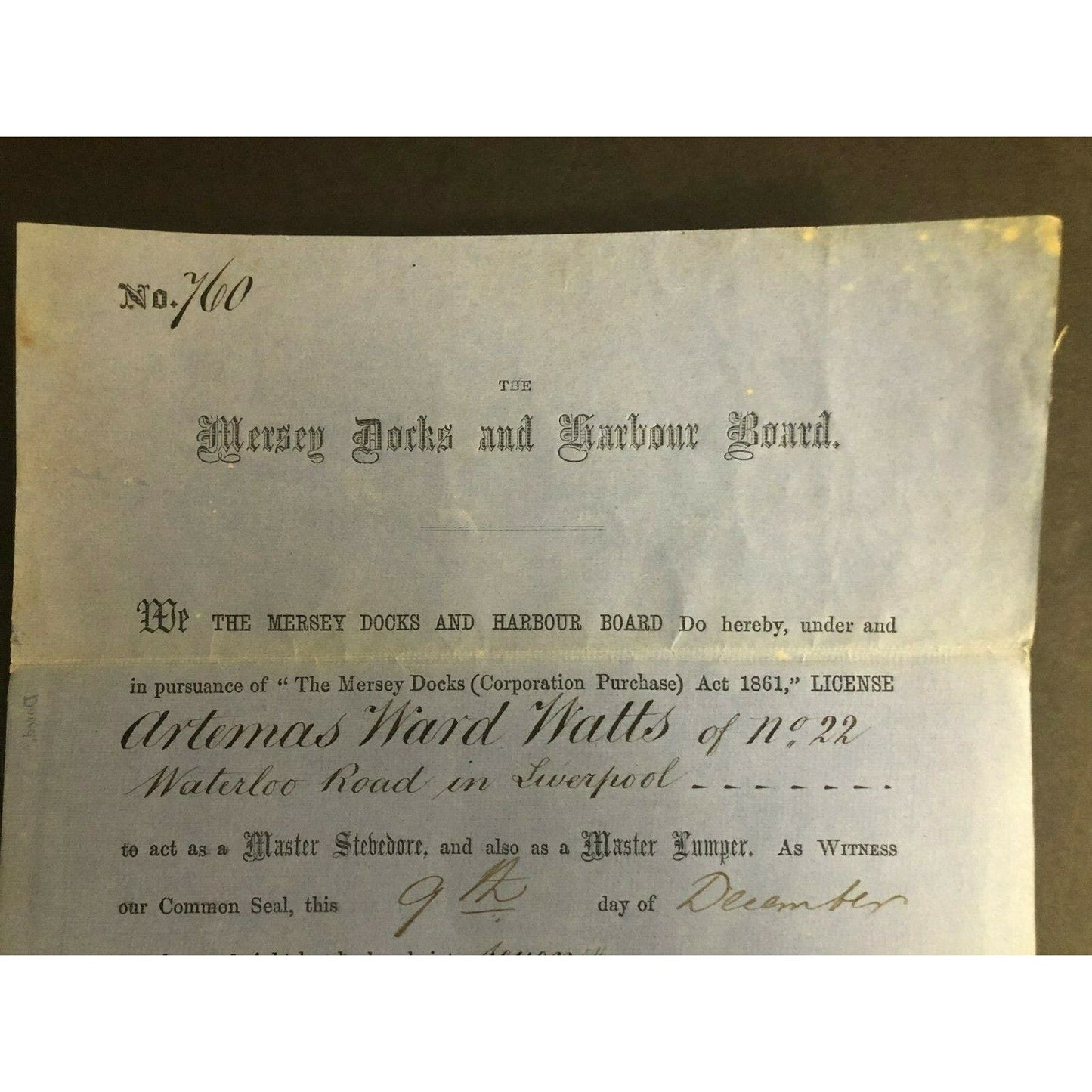 Scarce 1867 Mersey Docks and Harbour Board "Master Stevedore" License Liverpool