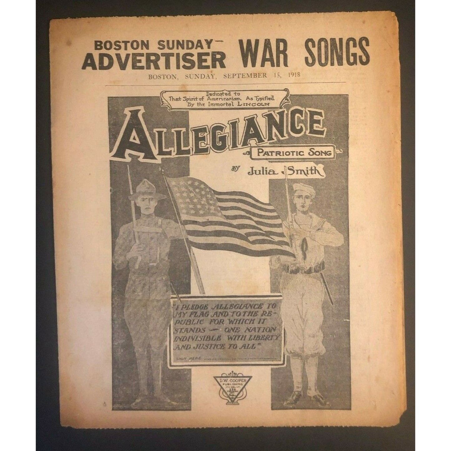 Vintage 1918 Boston Newspaper Sheet Music Insert "Allegiance" Julia Smith