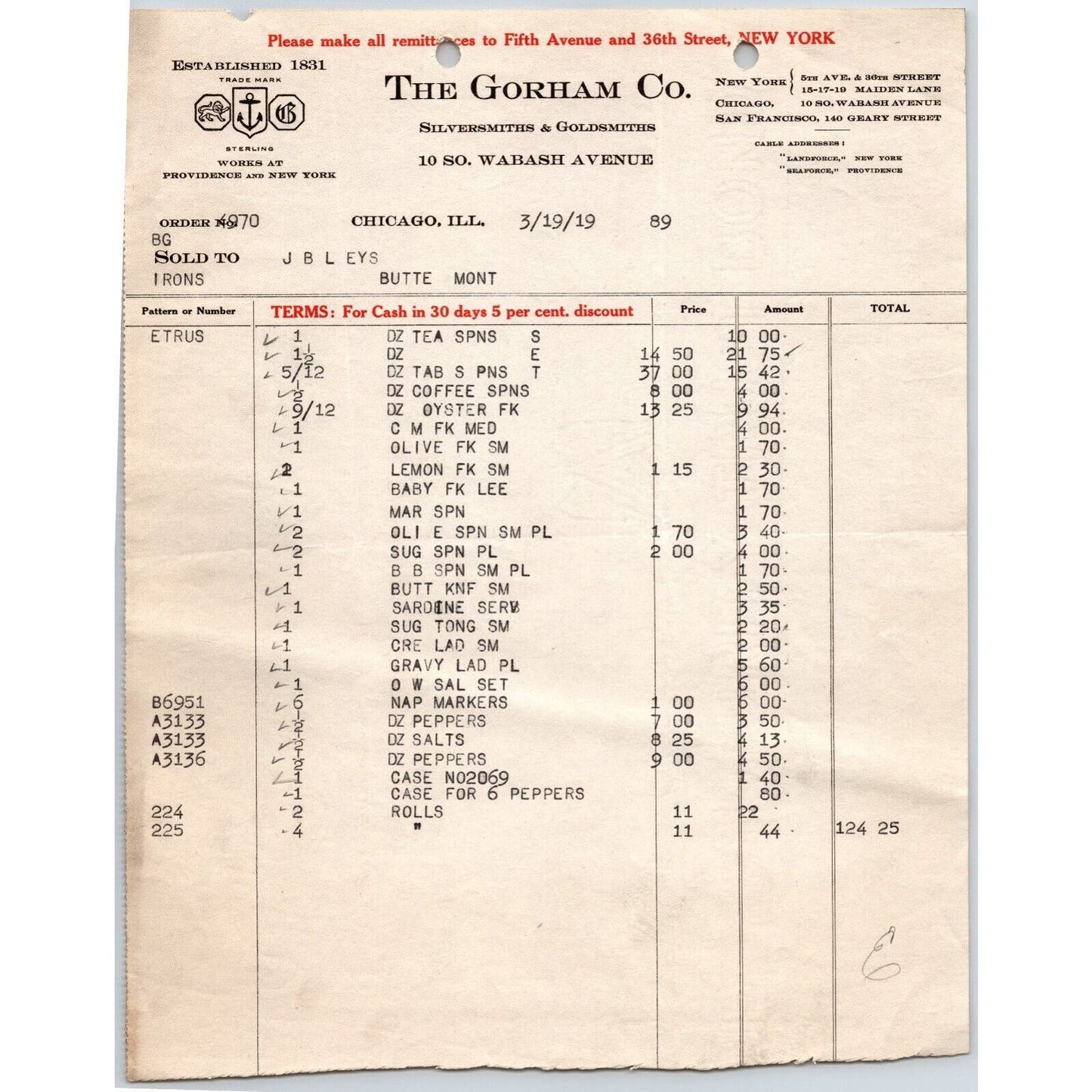 Gorham Co Silversmiths to "Leys" Jewelers Butte, MT 1919 Billhead Long Item List