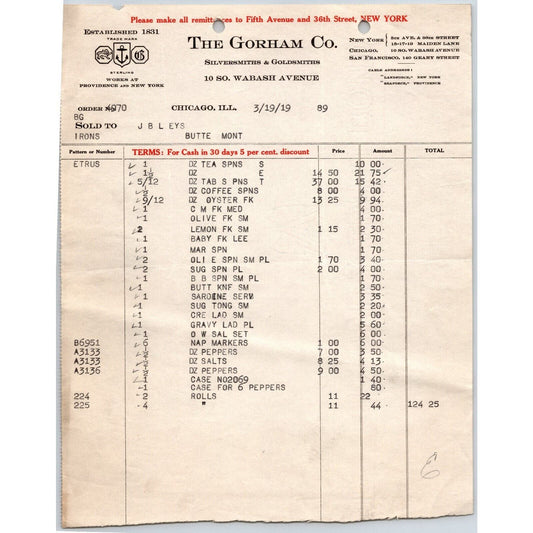 Gorham Co Silversmiths to "Leys" Jewelers Butte, MT 1919 Billhead Long Item List