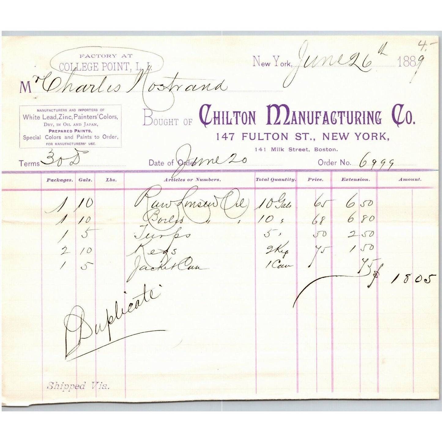 1889 NY, NY Letterhead Chilton Manufacturing White Lead Zinc Painter's Colors