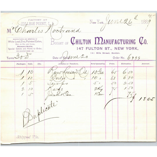 1889 NY, NY Letterhead Chilton Manufacturing White Lead Zinc Painter's Colors