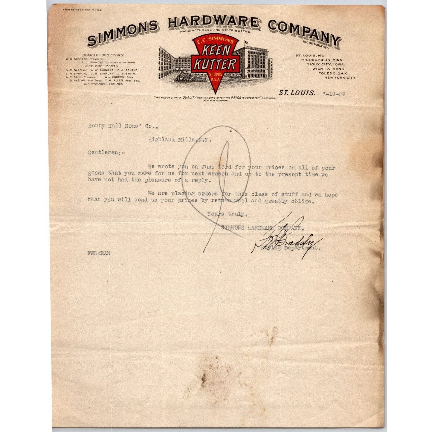 Keen Kutter Simmons Hardware Co. St. Louis 1909 Letterhead to Henry Hall Rods