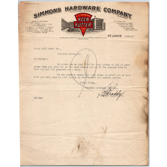 Keen Kutter Simmons Hardware Co. St. Louis 1909 Letterhead to Henry Hall Rods