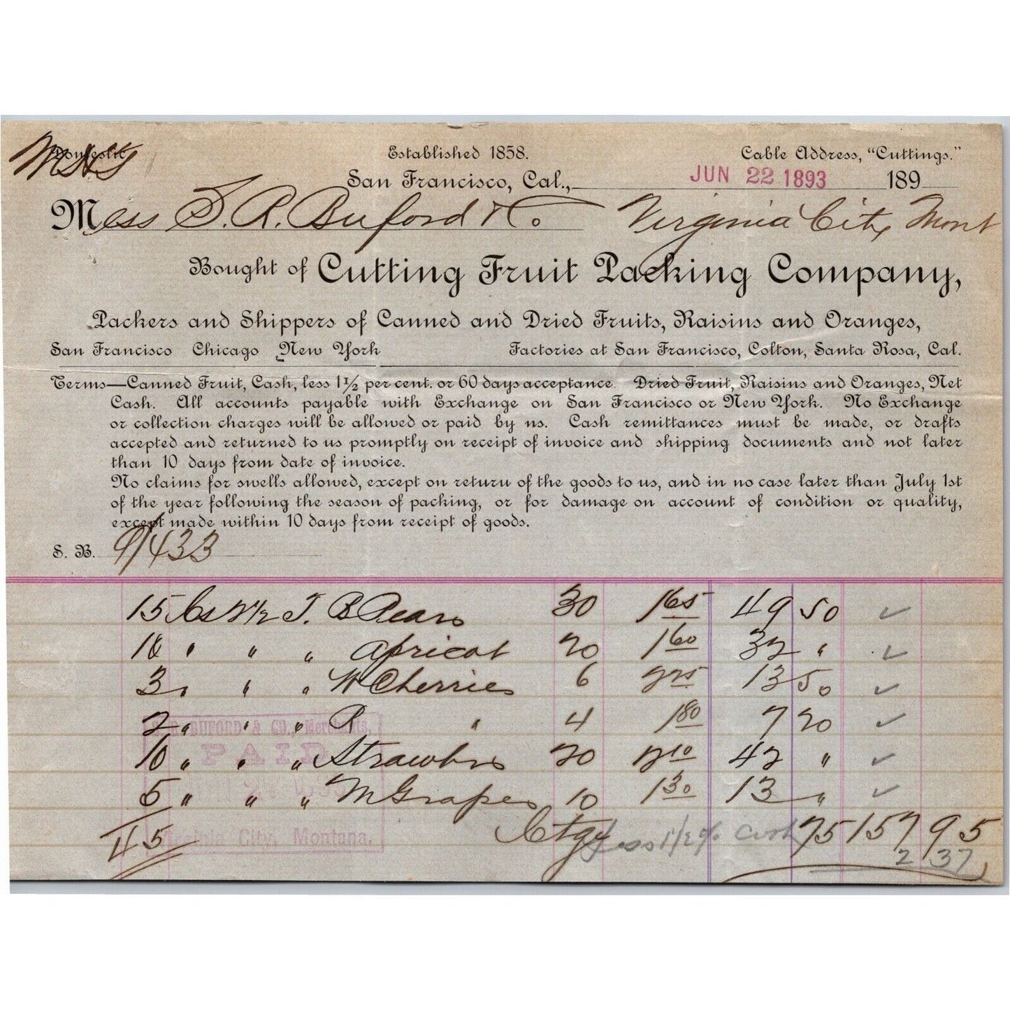 1893 Cutting Fruit Packing Co. San Francisco Letterhead S.R. Buford Montana