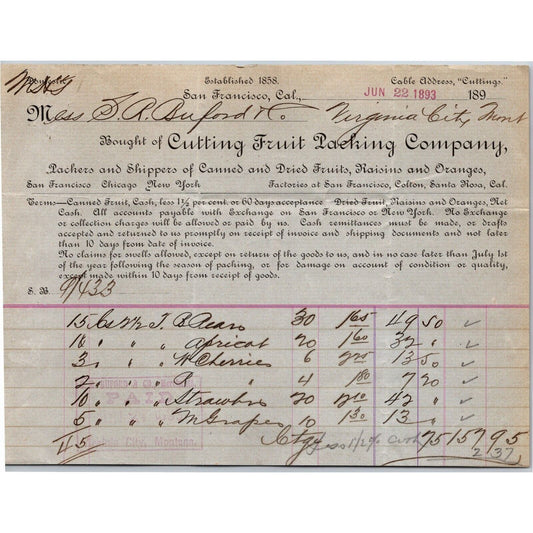 1893 Cutting Fruit Packing Co. San Francisco Letterhead S.R. Buford Montana