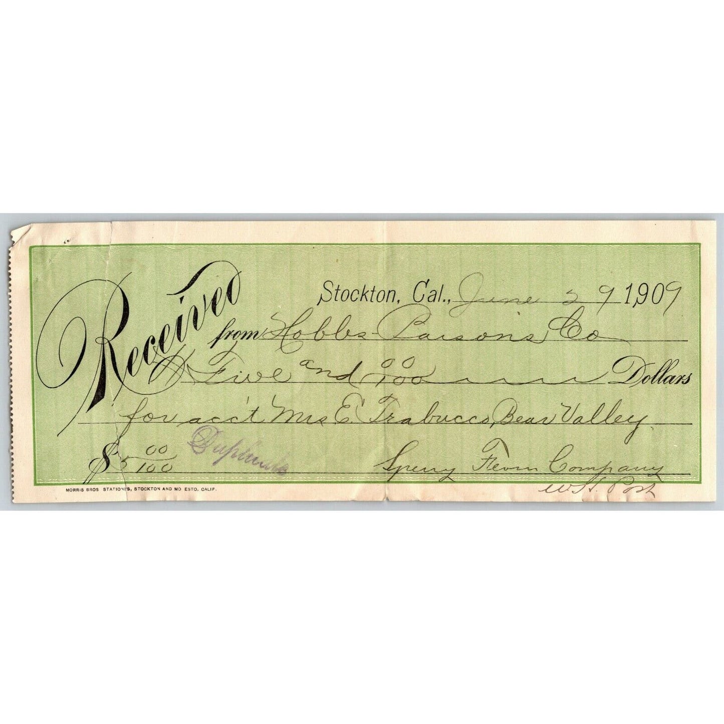 1909 Received Receipt From Hobbs - Parsons Co (Poultry) to Sperry Flour Stockton