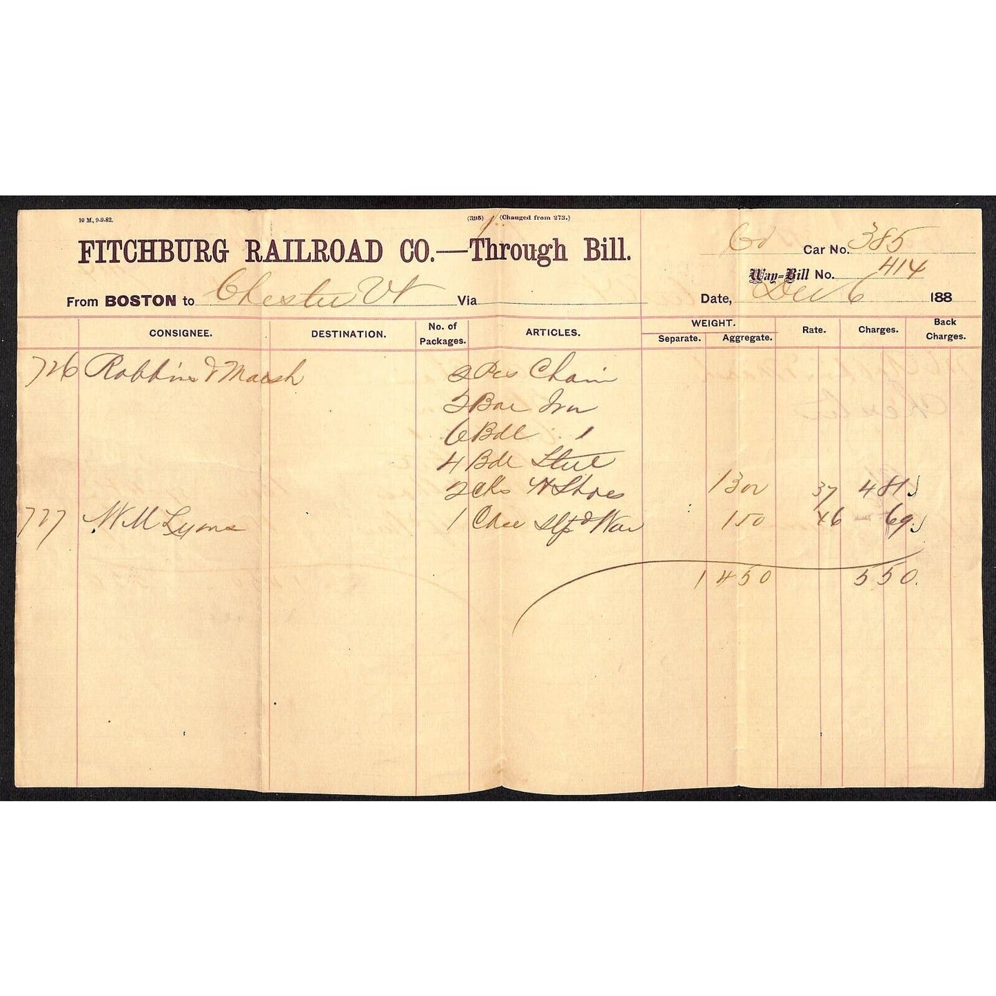 Fitchburg Railroad Co. 1880's Freight Way-Bill from Boston to Chester, VT