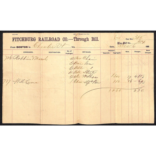 Fitchburg Railroad Co. 1880's Freight Way-Bill from Boston to Chester, VT