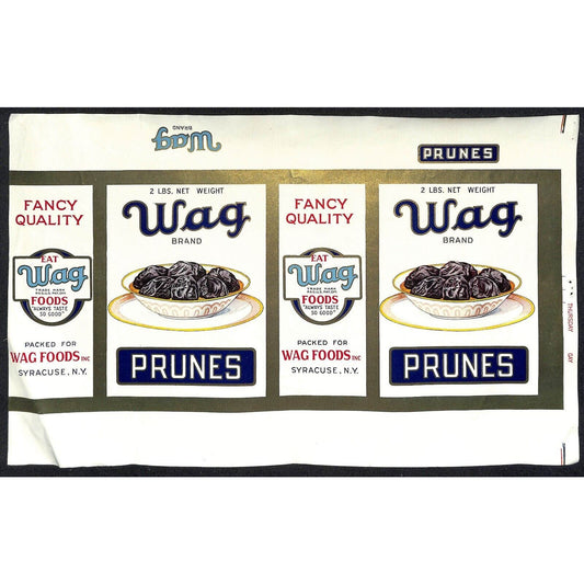 1931 Paper Box Label Wag Foods Wag Brand Prunes Syracuse, NY w/ Gilt Borders