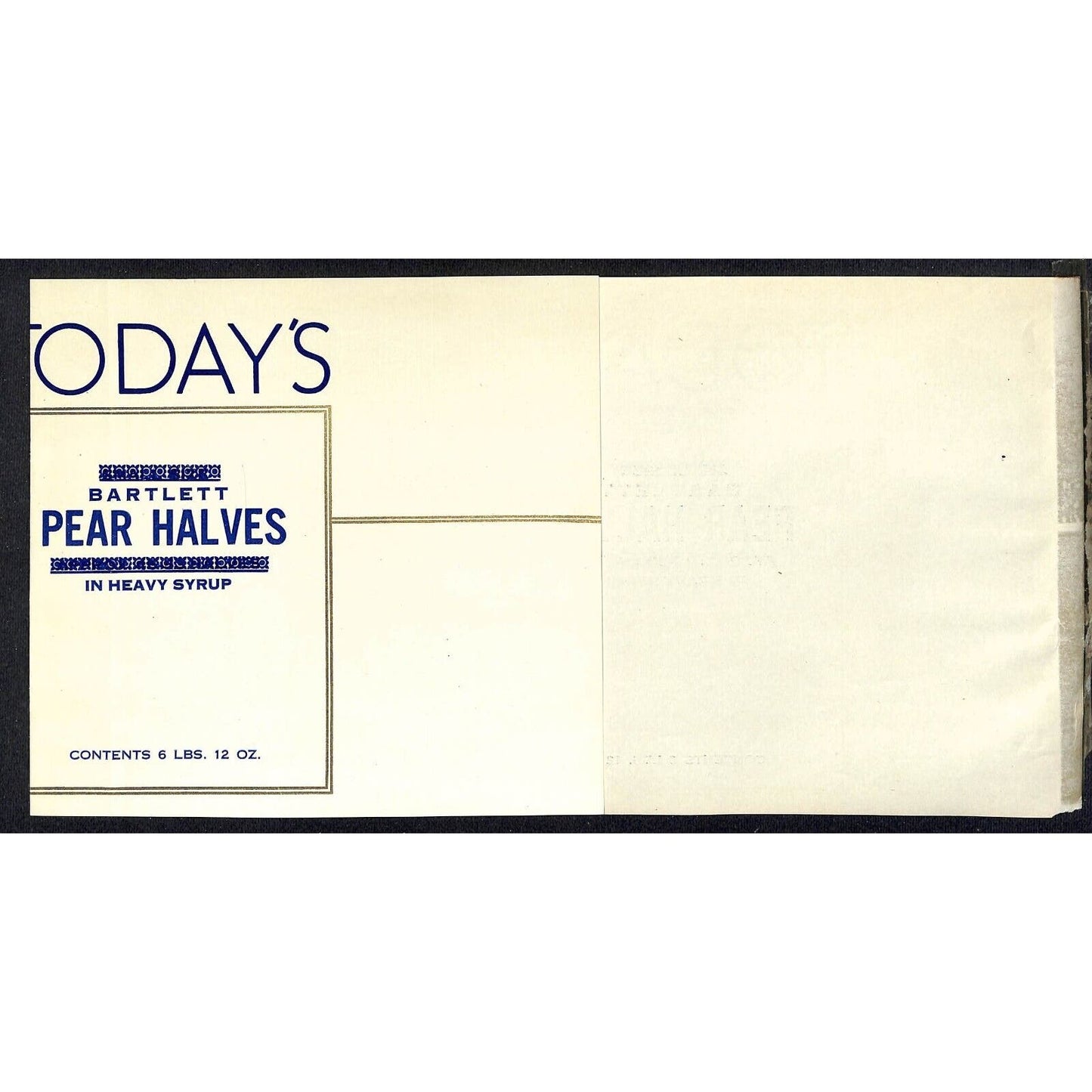 1950 Paper Can Label Today's Bartlett Pear Halves - California Packing w/ Gilt