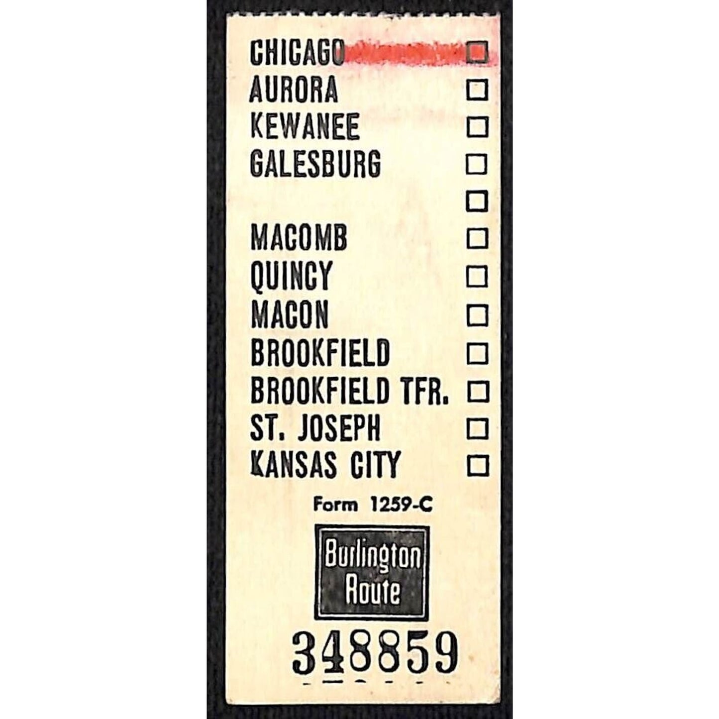 Burlington Route Railroad Chicago / Kansas City Area Seat Check #348859