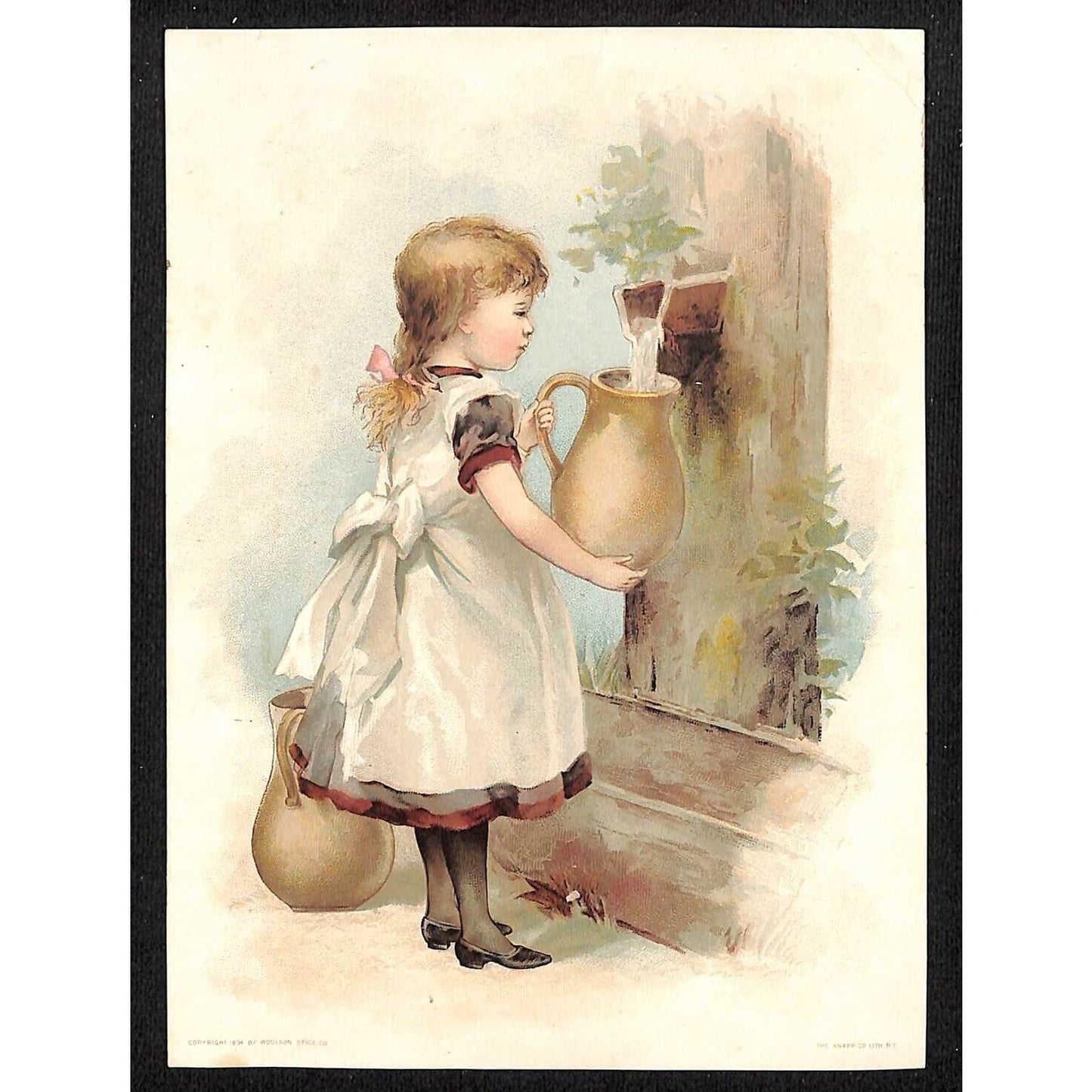 Lion Coffee Large Victorian Trade Card Girl at Water Well Filling Pitcher