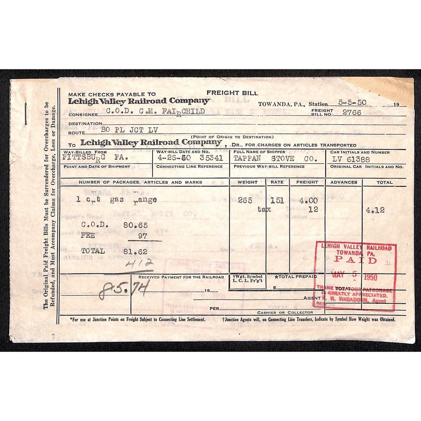 Lehigh Valley Railroad 1950 Tappan Stove Co. Freight Bill #2766 & COD Bill