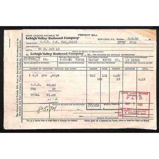 Lehigh Valley Railroad 1950 Tappan Stove Co. Freight Bill #2766 & COD Bill