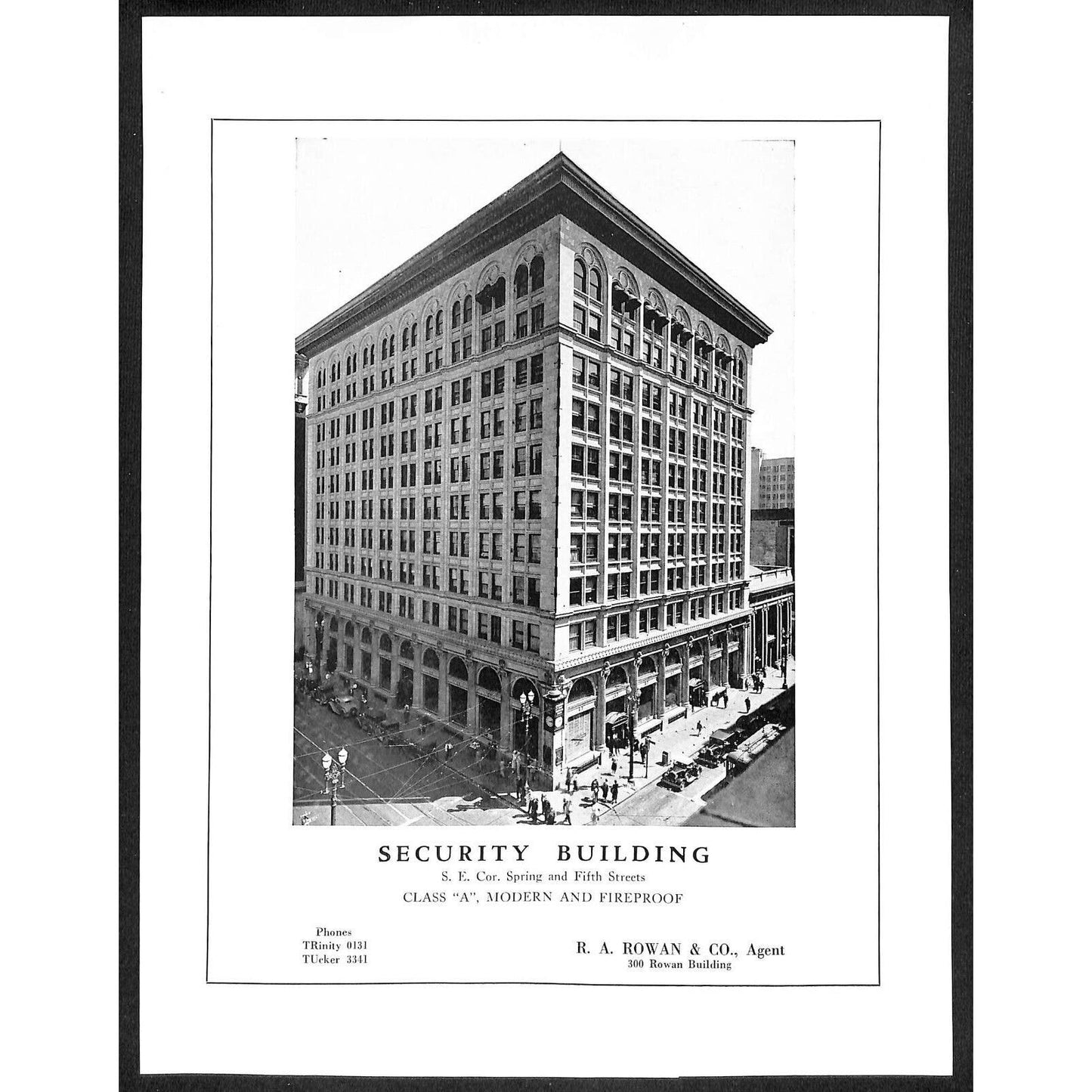 Spring & Fifth St LA "Security Building" Commercial Building Sales Sheet - c1915