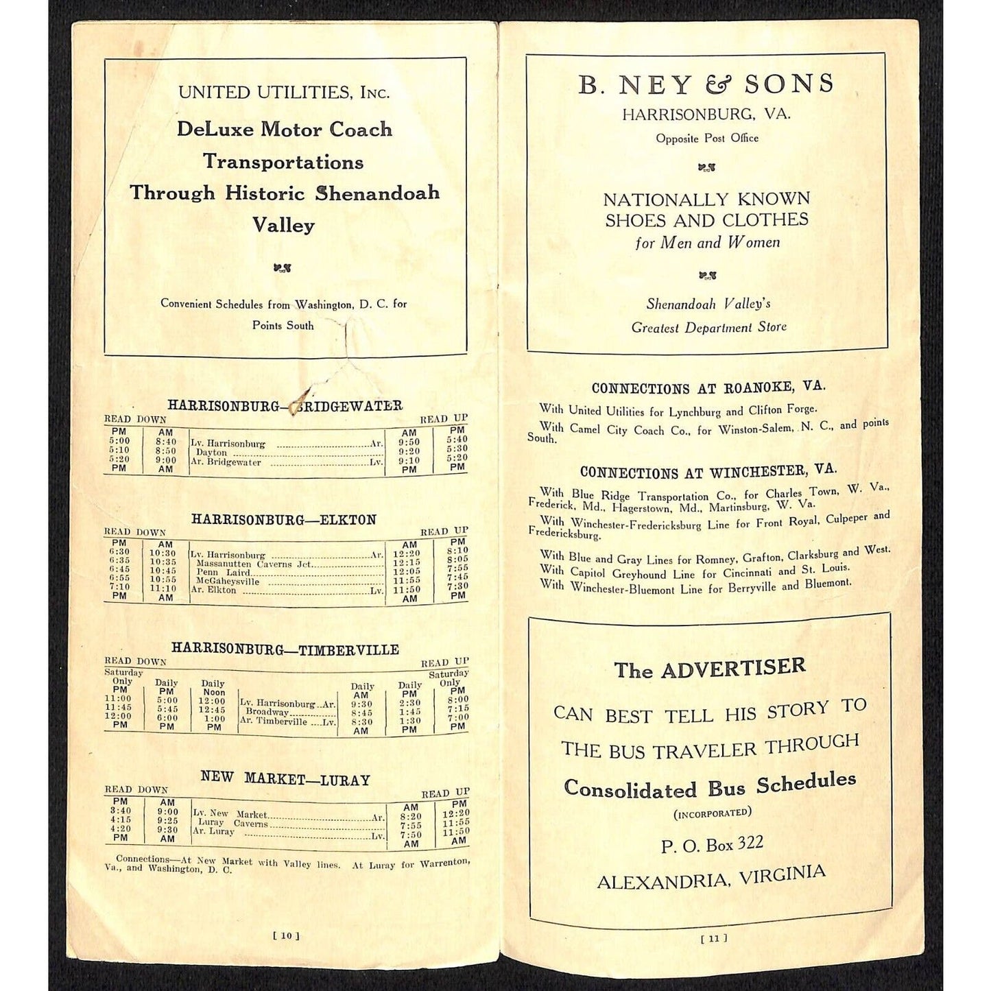 1931 Consolidated Bus Schedules Shenandoah Valley Natural Bridge, VA Scarce 11pp