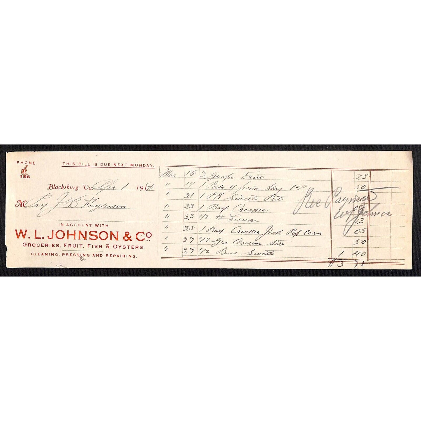 Blacksburg, VA W.L. Johnson & Co. 1918 Groceries Oysters Fruit Fish Billhead