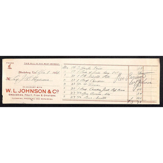 Blacksburg, VA W.L. Johnson & Co. 1918 Groceries Oysters Fruit Fish Billhead